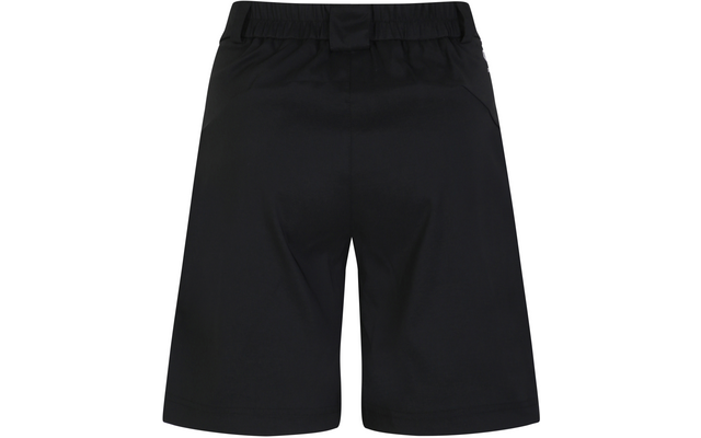 Rückansicht einer schwarzen knielangen Shorts mit elastischem Bund, mittiger Schlaufe und seitlichen Taschen