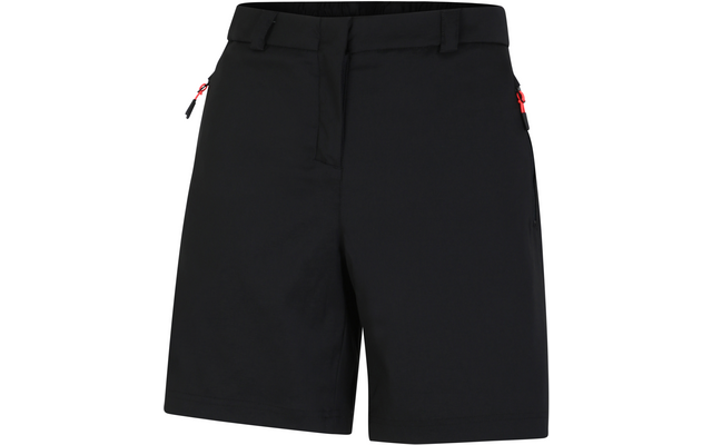 Schwarze Shorts mit Frontreißverschluss, Gürtelschlaufen und zwei seitlichen Reißverschlusstaschen mit roten Zippern