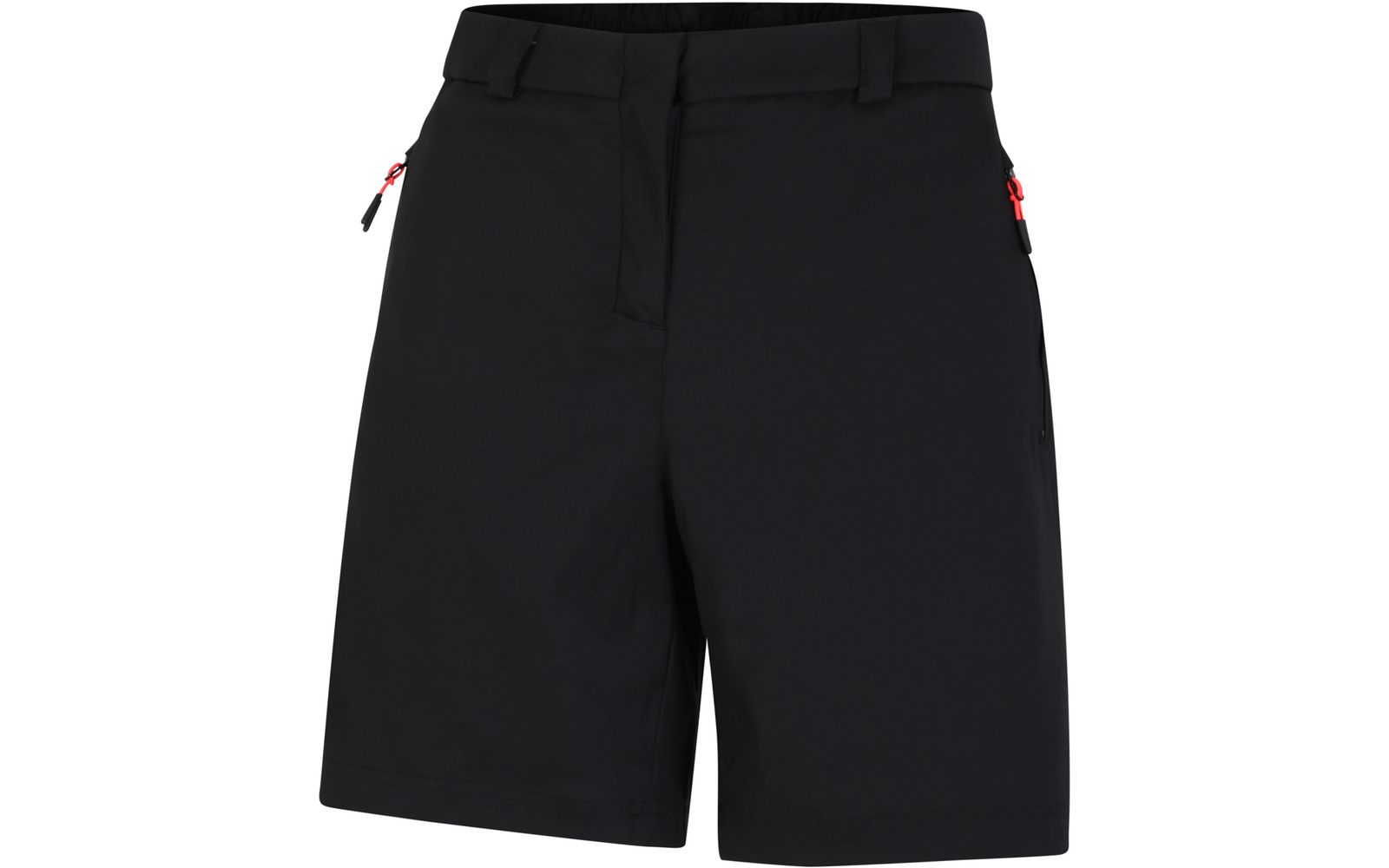 Schwarze Shorts mit Frontreißverschluss, Gürtelschlaufen und zwei seitlichen Reißverschlusstaschen mit roten Zippern