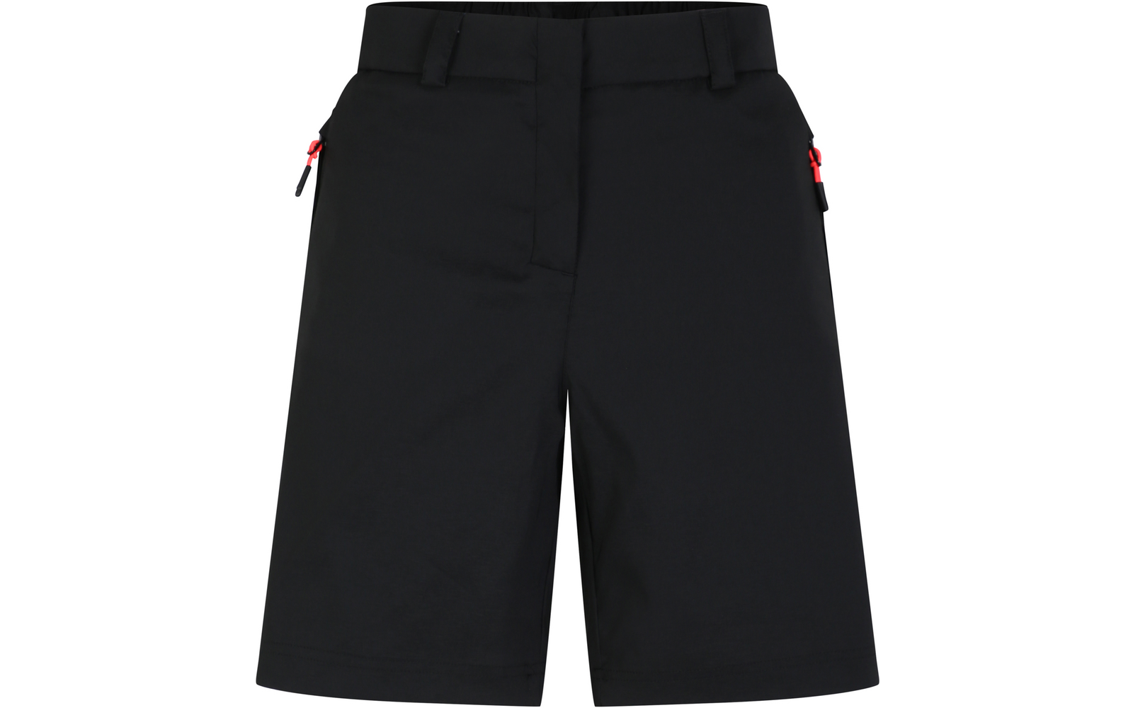 Schwarze, knielange Shorts mit Bund, Gürtelschlaufen und seitlichen Reißverschlusstaschen mit roten Zippern