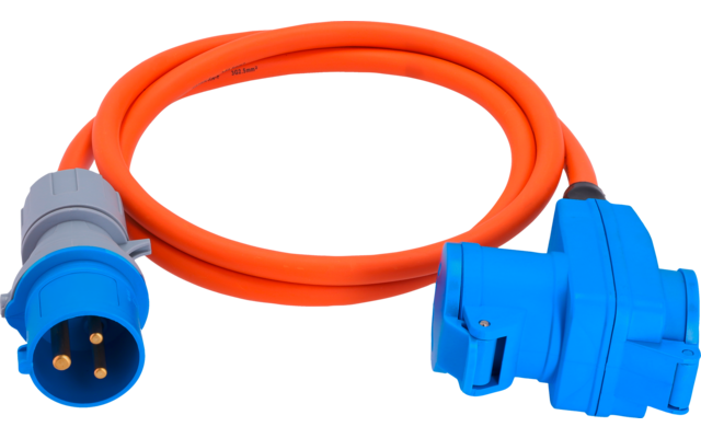 Oranges Kabel mit zwei blauen Steckverbindern; linker runder Stecker mit drei goldfarbenen Stiften, rechter Steckverbinder größer mit Klappdeckel