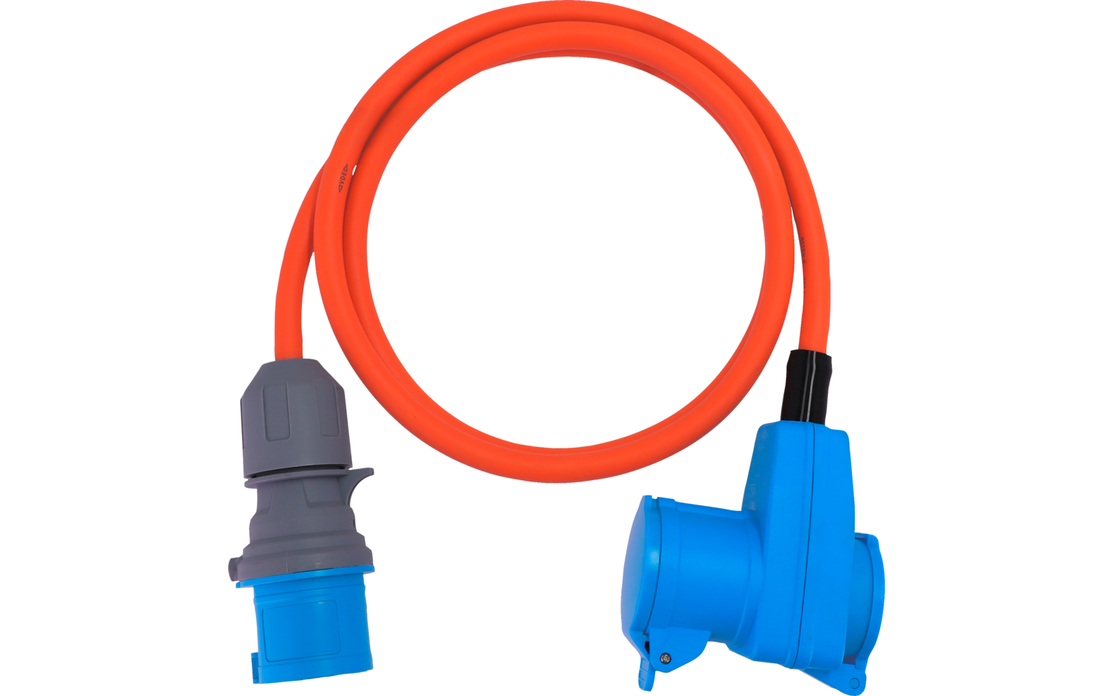 Orangefarbenes, in eine Schlaufe gelegtes Kabel mit zwei blauen Steckverbindern; an einem Ende ein graues Kunststoffteil