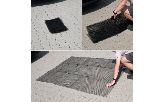 Twee afbeeldingen tonen een persoon die een zwart net op een betegeld trottoir legt