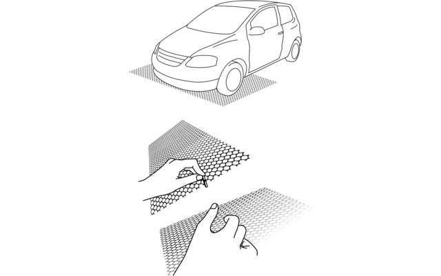 Tekening van een kleine auto en handen die een film met patronen vasthouden en aanbrengen