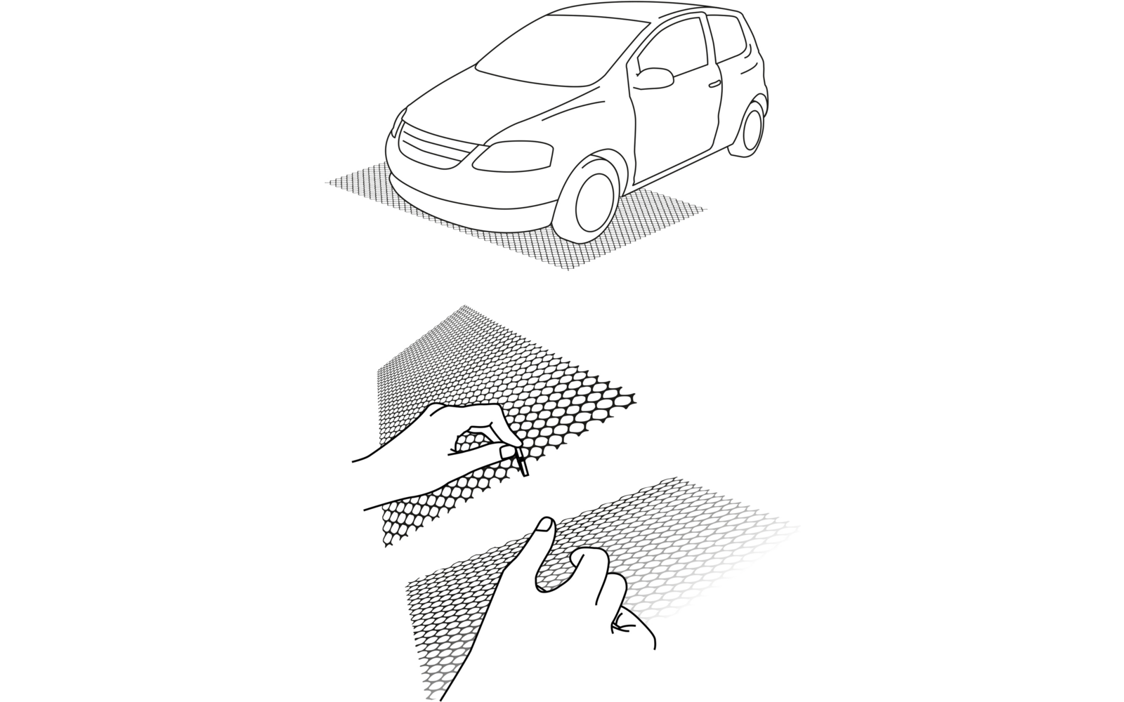 Tekening van een kleine auto en handen die een film met patronen vasthouden en aanbrengen