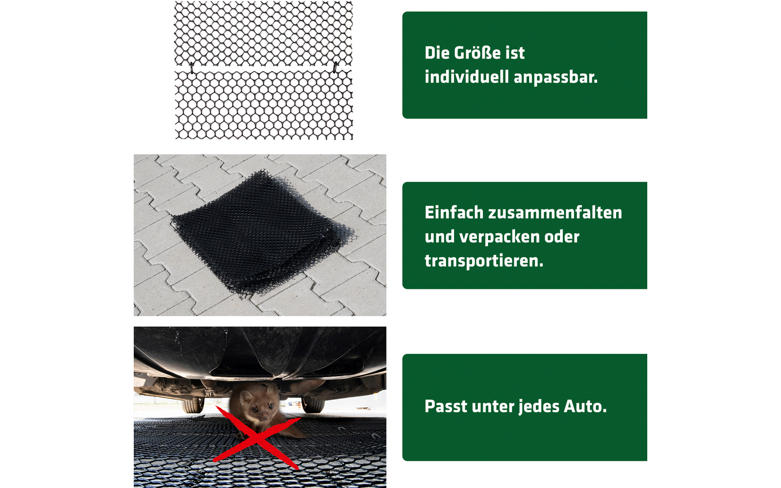 Twee groene vakken met witte tekst, één met zwart gevouwen stof, daaronder een rode X, naast groene vakken met beschrijvingen