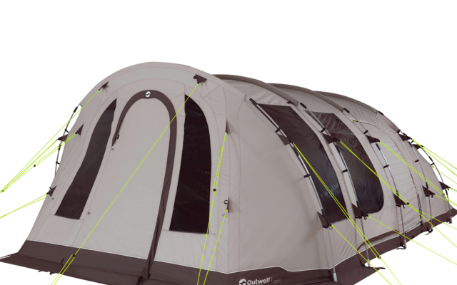 Gray tunnel-shaped tent with open front entrance and mesh door, multiple windows, dark gray floor fabric, neon yellow guy lines and visible pole arches