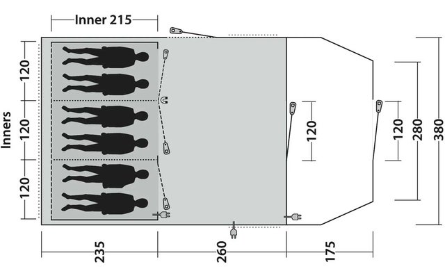 Schematische Draufsicht eines rechteckigen Grundrisses mit trapezförmiger Erweiterung rechts, sechs liegenden Menschensilhouetten sowie Maßlinien und Zahlenangaben