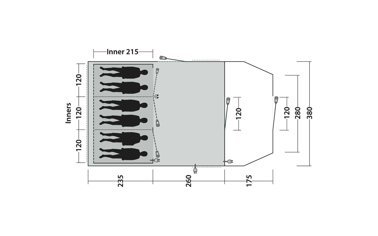 Schematische Draufsicht eines rechteckigen Grundrisses mit trapezförmiger Erweiterung rechts, sechs liegenden Menschensilhouetten sowie Maßlinien und Zahlenangaben