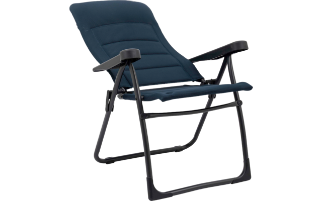 Lounge-Sessel mit dunkelblauem bezogenen Sitz und Rücken, schwarzer Metallrahmen, Armlehnen und schräge Kufenbasis