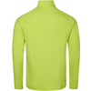 Vue de dos d'un haut manches longues vert citron avec col montant, coutures visibles et petit logo en bas à droite sur fond blanc