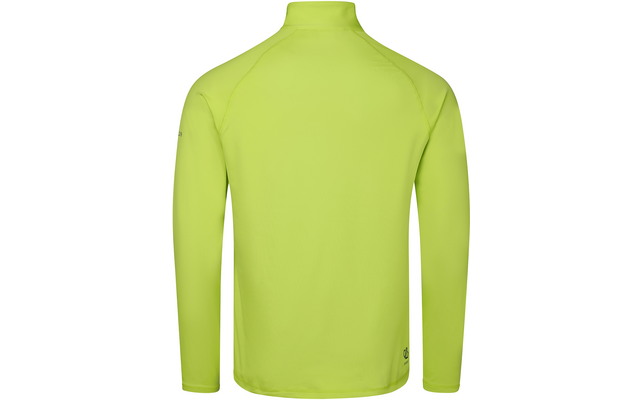 Vue de dos d'un haut manches longues vert citron avec col montant, coutures visibles et petit logo en bas à droite sur fond blanc