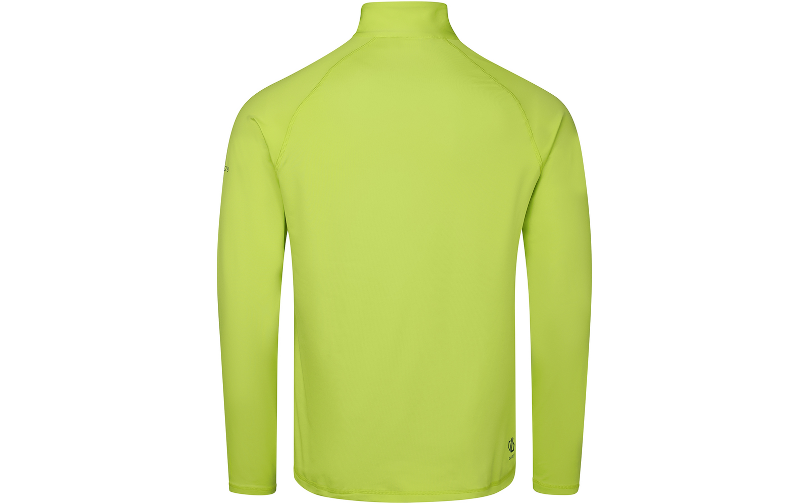 Vue de dos d'un haut manches longues vert citron avec col montant, coutures visibles et petit logo en bas à droite sur fond blanc
