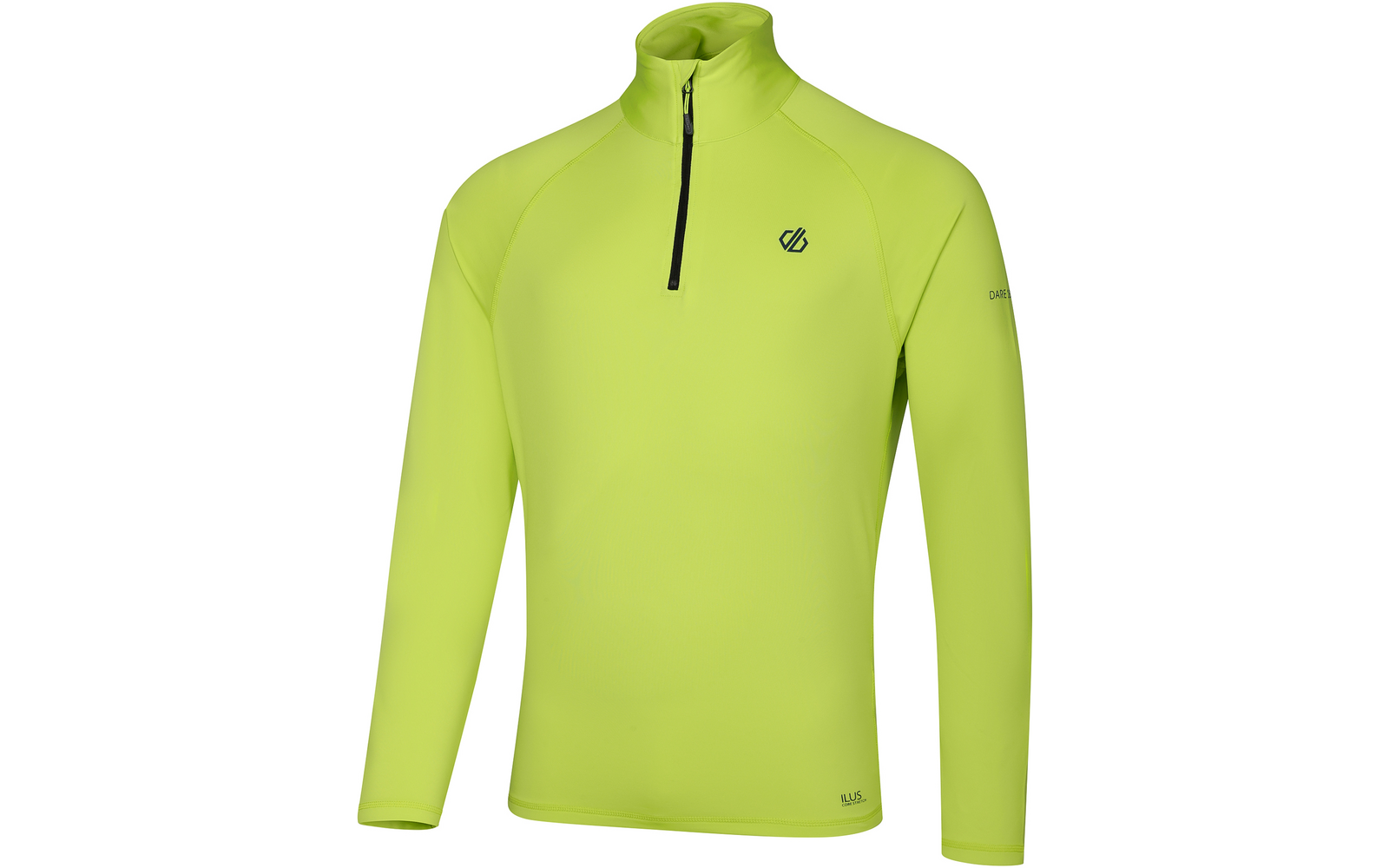 Sweat manches longues vert néon avec col montant, courte fermeture éclair noire à l'avant et petit logo sur la poitrine gauche