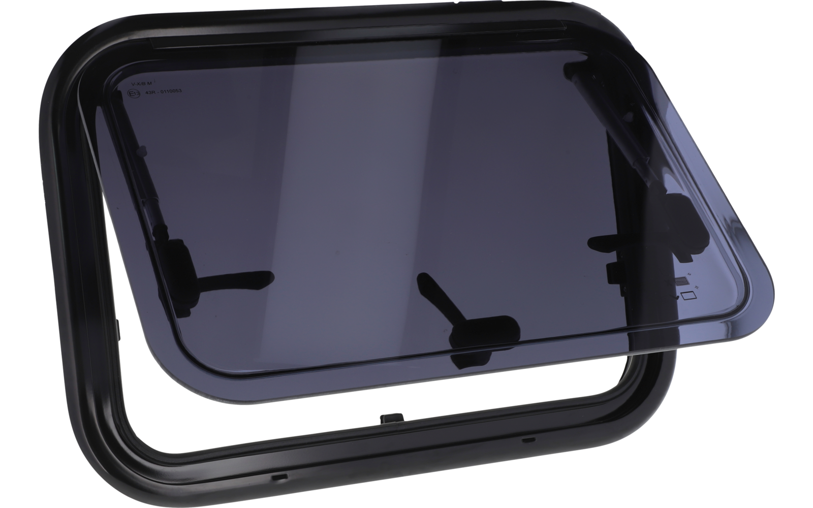 Fenêtre rectangulaire ouverte avec cadre noir et verre teinté