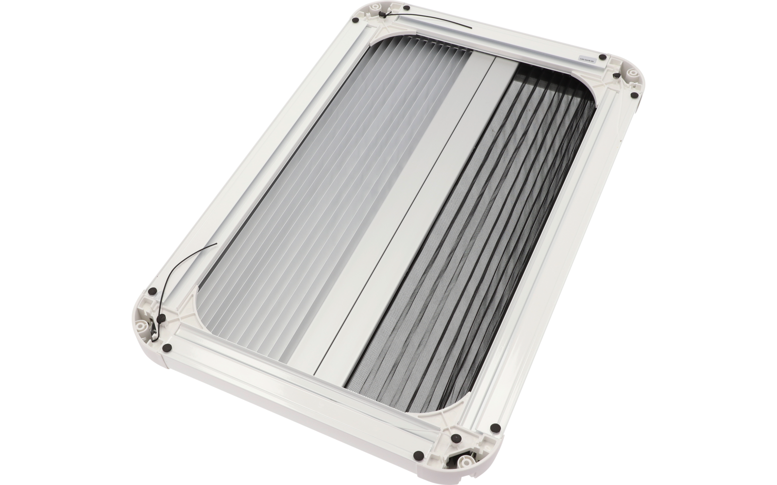 Rechteckiger weißer Kunststoffrahmen mit zwei nebeneinander liegenden Plissees, links hellgrau, rechts dunkelgrau, mittlere Trennleiste und sichtbare Schrauben in den Ecken