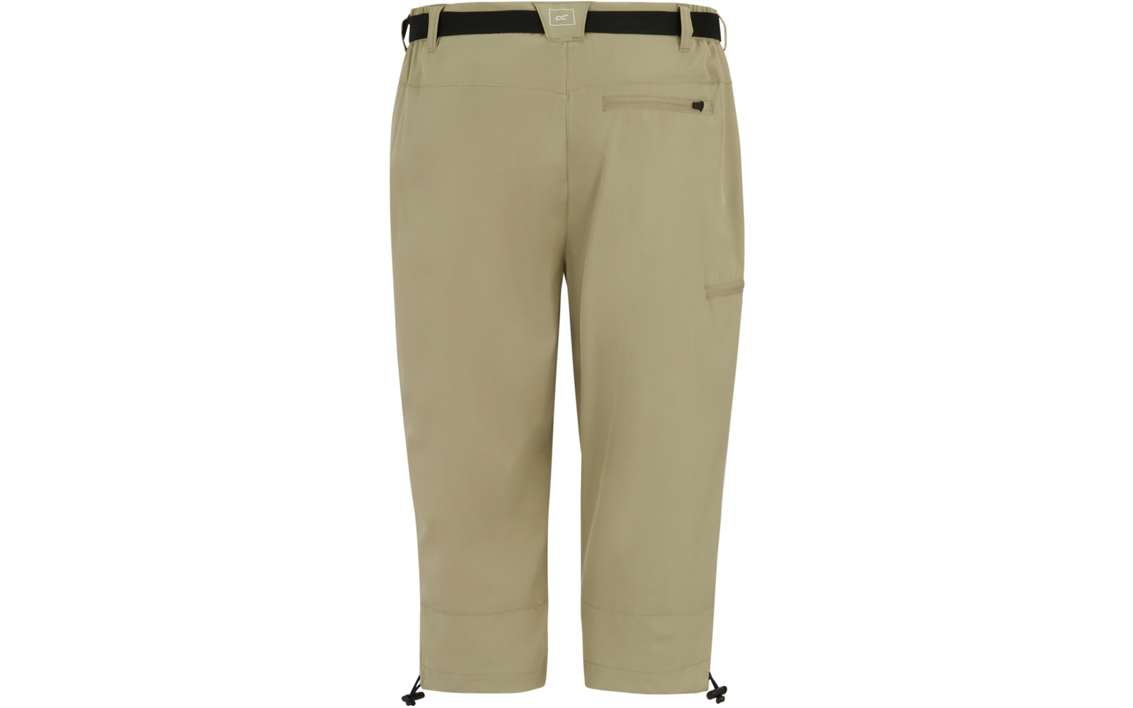 Rückansicht einer beige Caprihose mit schwarzem Gürtel, Reißverschlusstasche rechts, seitliche Schenkeltasche und Kordelzüge am Saum