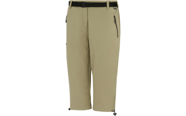 Beige dreiviertellange Hose auf weißem Hintergrund, mit angenähtem schwarzem Gürtel, seitlichen Reißverschlusstaschen und Kordelzügen am Saum