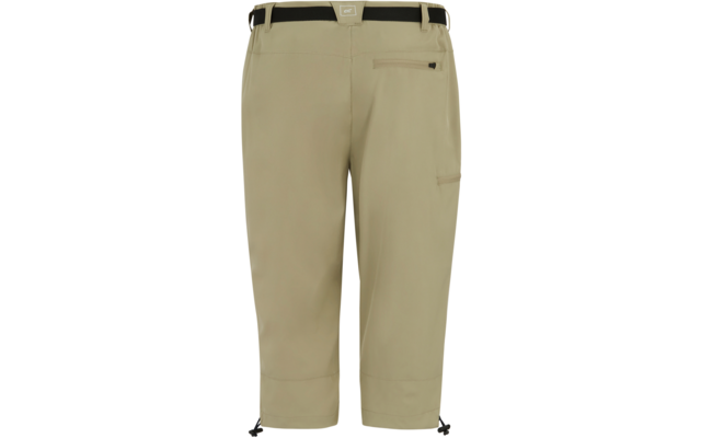 Rückansicht einer beige Caprihose mit schwarzem Gürtel, Reißverschlusstasche rechts, seitliche Schenkeltasche und Kordelzüge am Saum