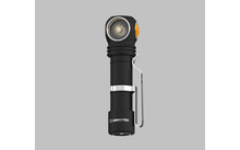 Schwarze Taschenlampe mit rundem Licht und Clip auf grauem Hintergrund