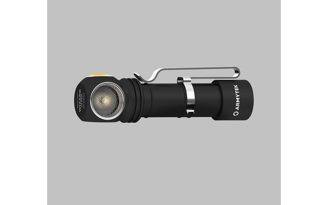 Schwarze Taschenlampe mit Clip auf grauem Hintergrund