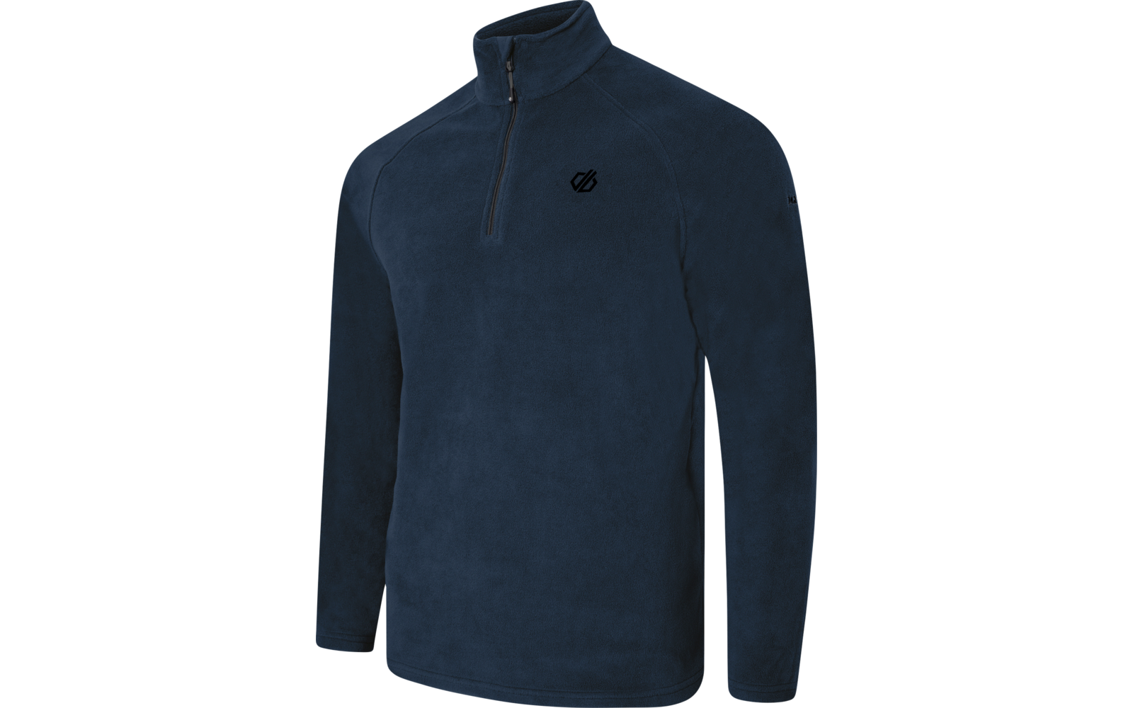 Donkerblauwe fleecetrui met opstaande kraag en halve ritssluiting, klein zwart logo op linkerborst, lange mouwen, witte achtergrond