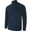 Donkerblauwe fleecetrui met opstaande kraag en halve ritssluiting, klein zwart logo op linkerborst, lange mouwen, witte achtergrond
