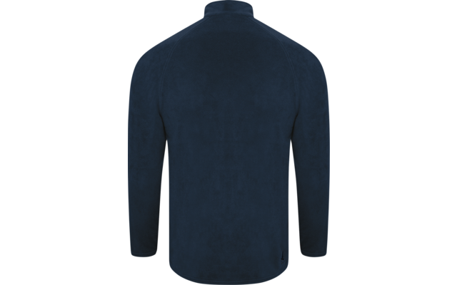 Donkerblauwe fleecejas met opstaande kraag, lange mouwen en afgeronde zoom, achteraanzicht