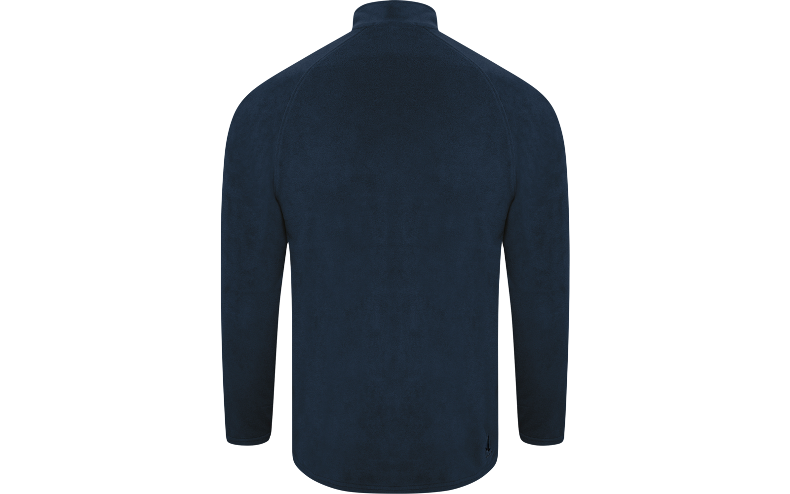 Donkerblauwe fleecejas met opstaande kraag, lange mouwen en afgeronde zoom, achteraanzicht