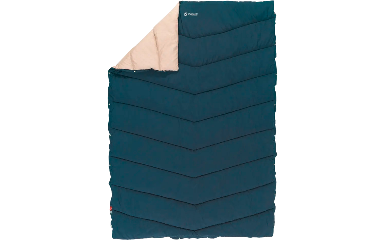 Blauwe slaapzak met beige voering, gedeeltelijk open