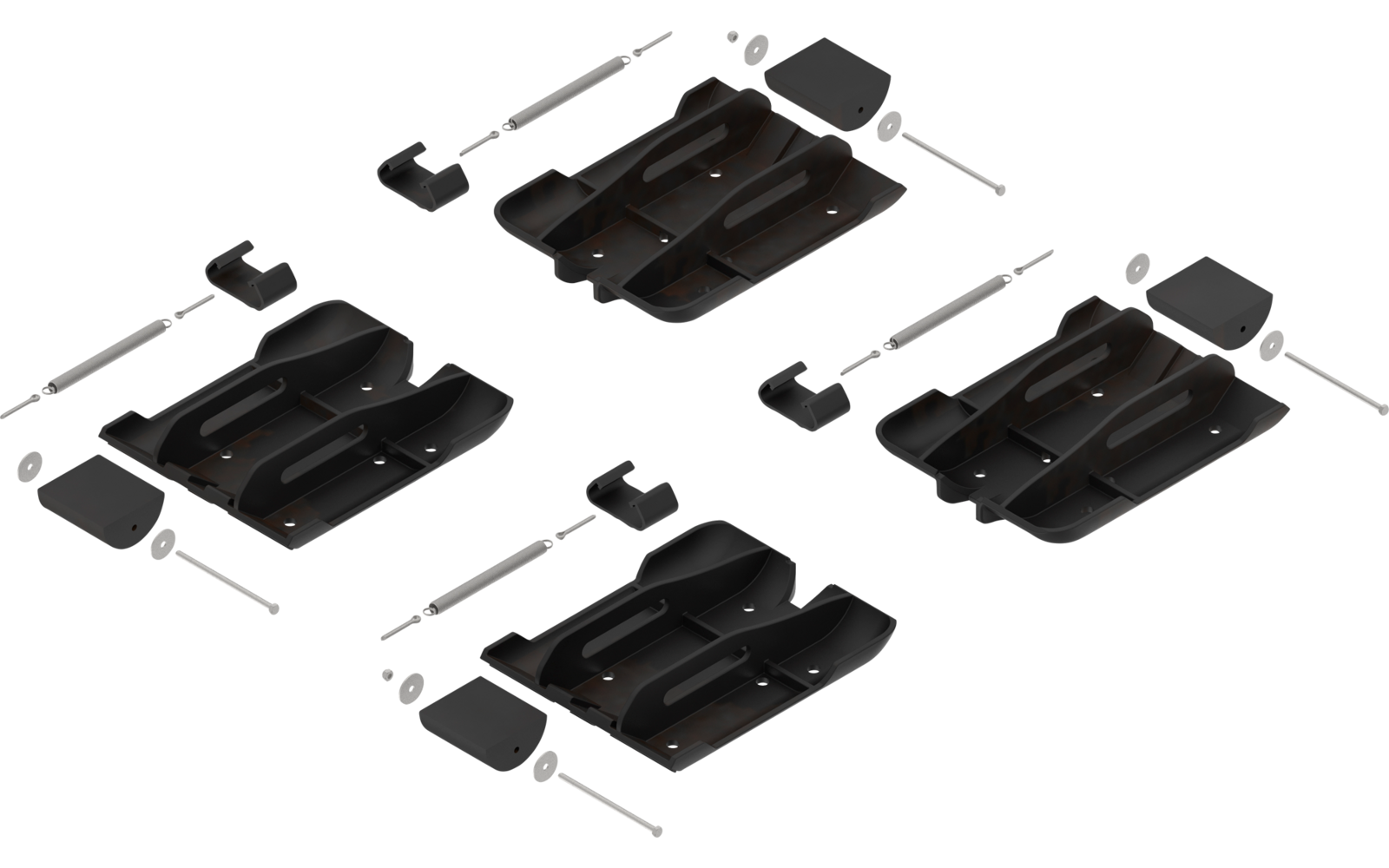 Quatre sièges de voiture noirs avec dimensions, vus de dessus, devant et côté
