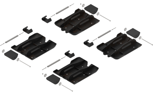 Quatre sièges de voiture noirs avec dimensions, vus de dessus, devant et côté