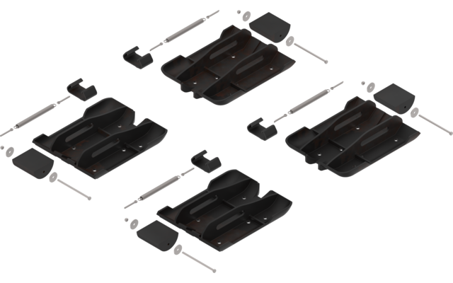 Vier schwarze Autositze mit Abmessungen dargestellt, von oben, front und Seite