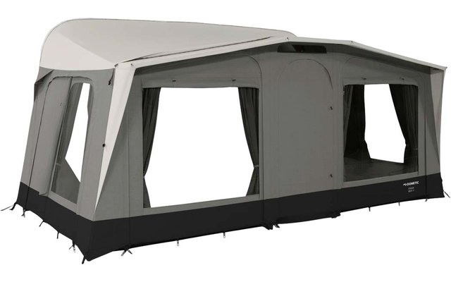 Large gray tent with a light-colored roof, multiple large windows with curtains, and a black base