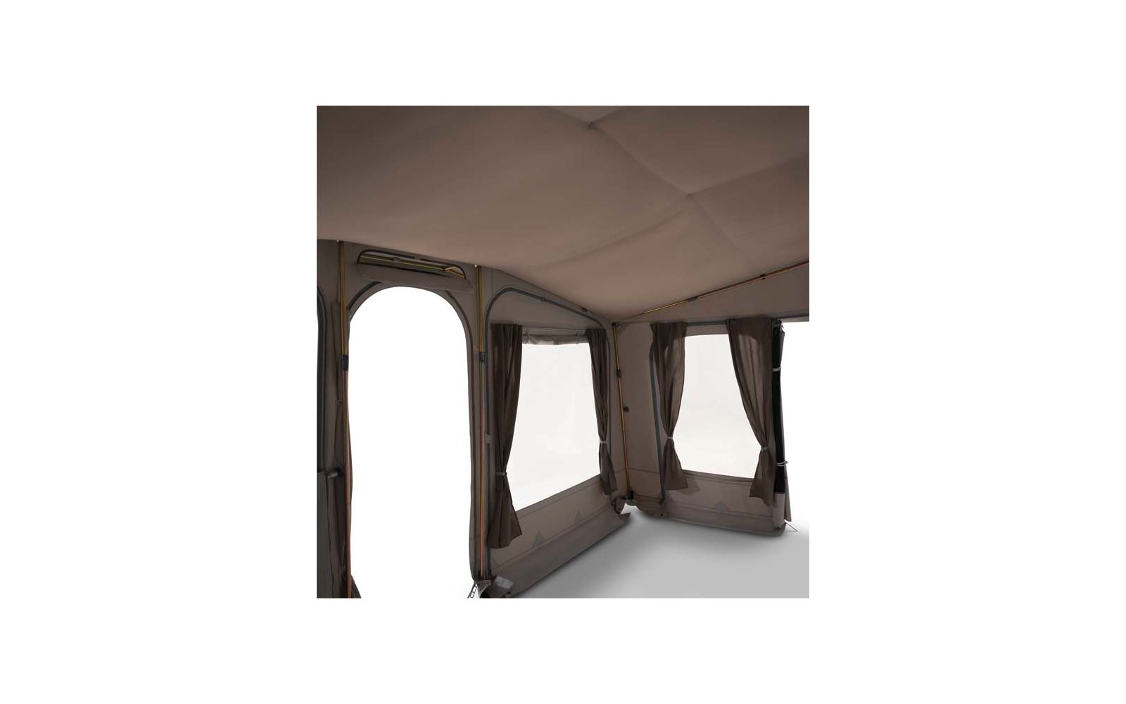 Interior of a tent with three rectangular windows with brown curtains, an arched open entrance on the left, light gray floor and fabric ceiling