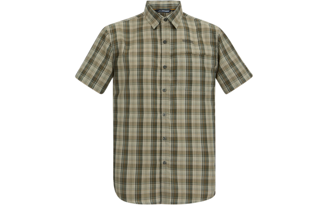 Kurzärmeliges kariertes Hemd mit Kragen, durchgehender Knopfleiste, einer Brusttasche und beige-oliv-braunem Muster vor weißem Hintergrund