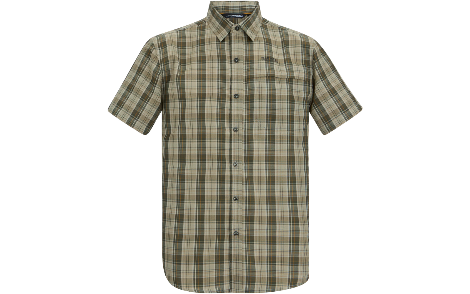 Kurzärmeliges kariertes Hemd mit Kragen, durchgehender Knopfleiste, einer Brusttasche und beige-oliv-braunem Muster vor weißem Hintergrund
