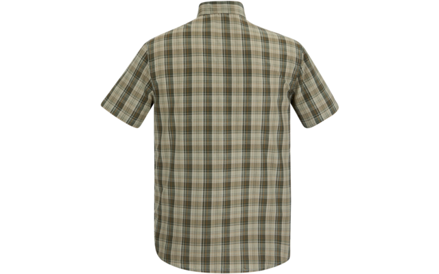 Rückenansicht eines kurzärmligen karierten Hemds mit Stehkragen in Beige-, Grün- und Brauntönen