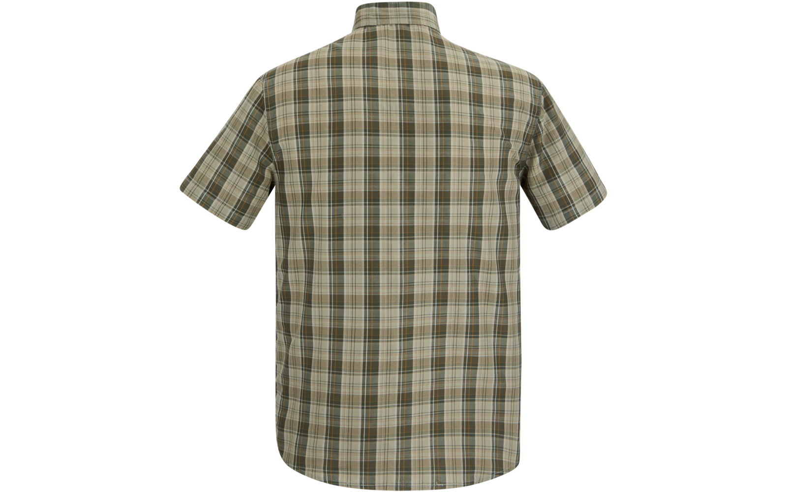 Rückenansicht eines kurzärmligen karierten Hemds mit Stehkragen in Beige-, Grün- und Brauntönen