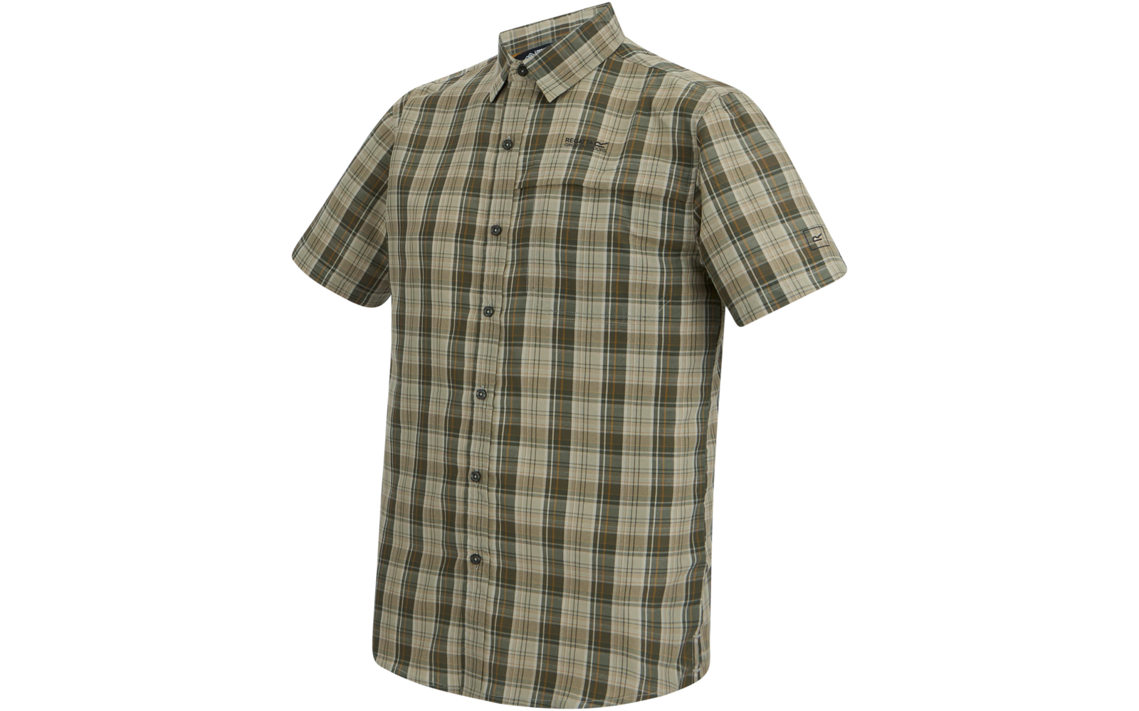 Kariertes Kurzarmhemd mit Kragen und durchgehender Knopfleiste auf weißem Hintergrund