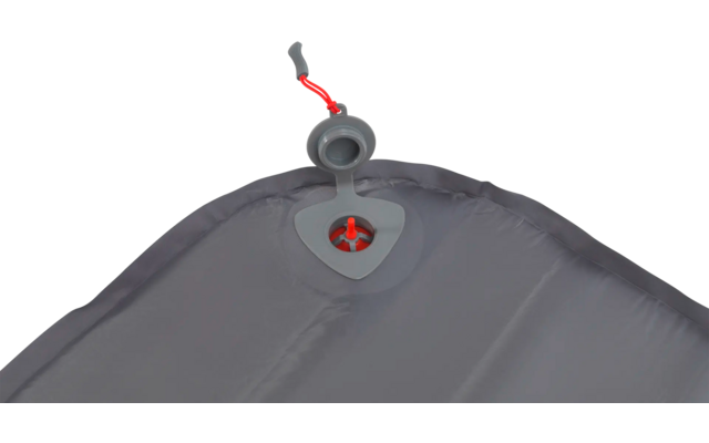 Grauer Regenschirm mit rotem Knopf und schwarzem Griff