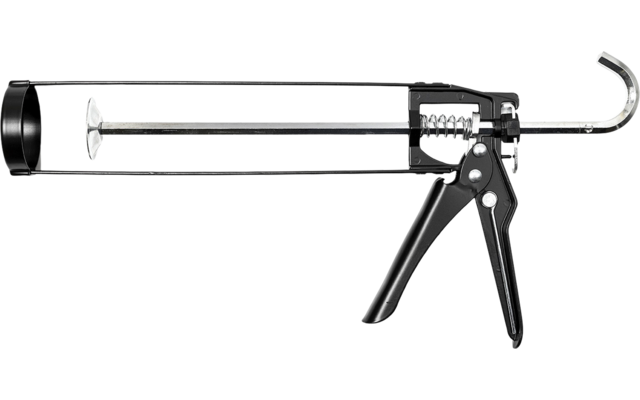 Schwarze Kartuschenpistole mit Metallrahmen und Hebel auf weißem Hintergrund