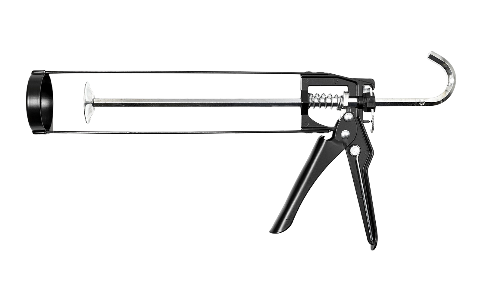 Schwarze Kartuschenpistole mit Metallrahmen und Hebel auf weißem Hintergrund