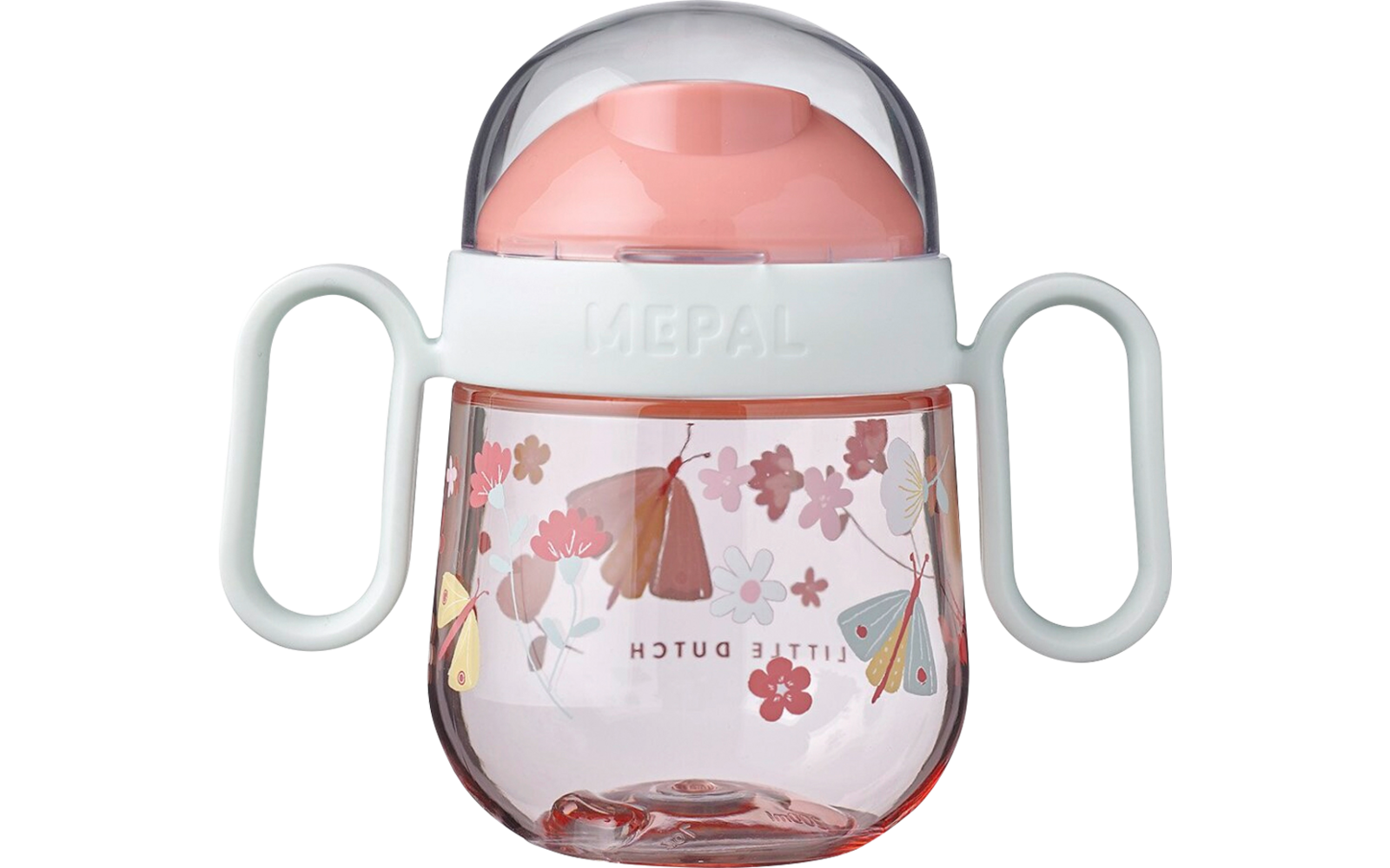 Transparenter Trinkbecher mit zwei Griffen und rosa Deckel, verziert mit Blumenmotiven