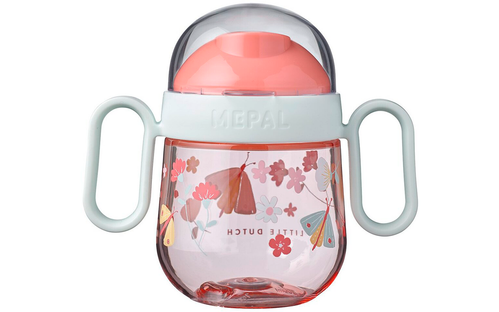 Vaso transparente con dos asas y tapa rosa, decorado con motivos florales