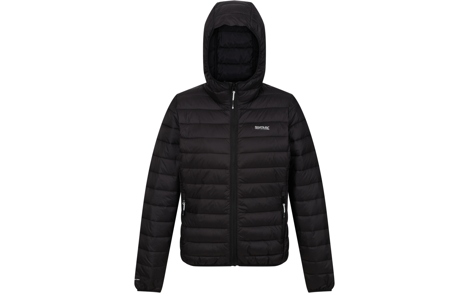 Schwarze gesteppte Daunenjacke mit Kapuze und Reißverschluss