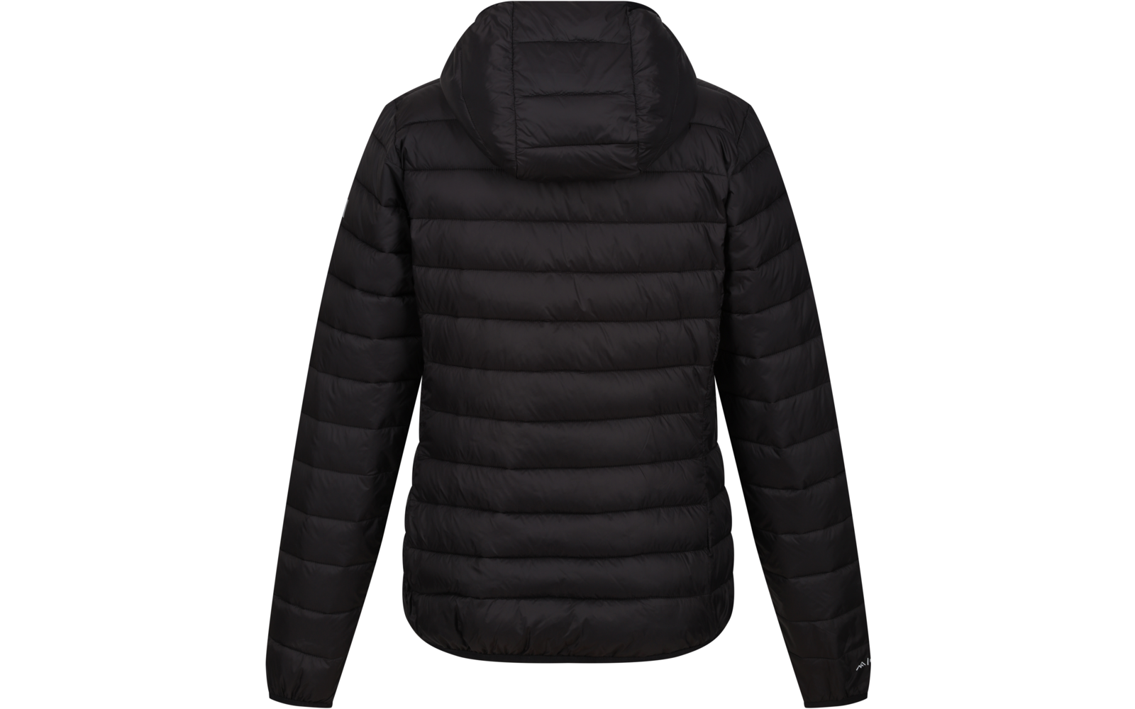 Schwarze gesteppte Jacke mit Kapuze, Rückansicht
