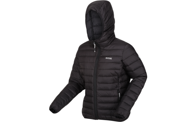 Schwarze, gefütterte Daunenjacke mit Kapuze und Reißverschluss