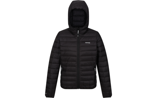 Schwarze gesteppte Daunenjacke mit Kapuze und Reißverschluss