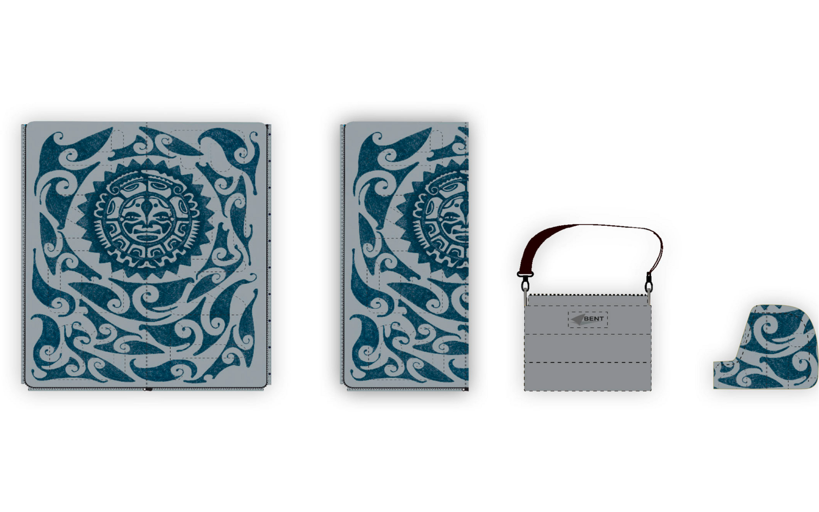 Couverture avant d'un carnet relié avec un motif ornemental bleu et blanc; vue de la tranche du même carnet; pochette grise avec poignée; petit accessoire triangulaire avec le même motif